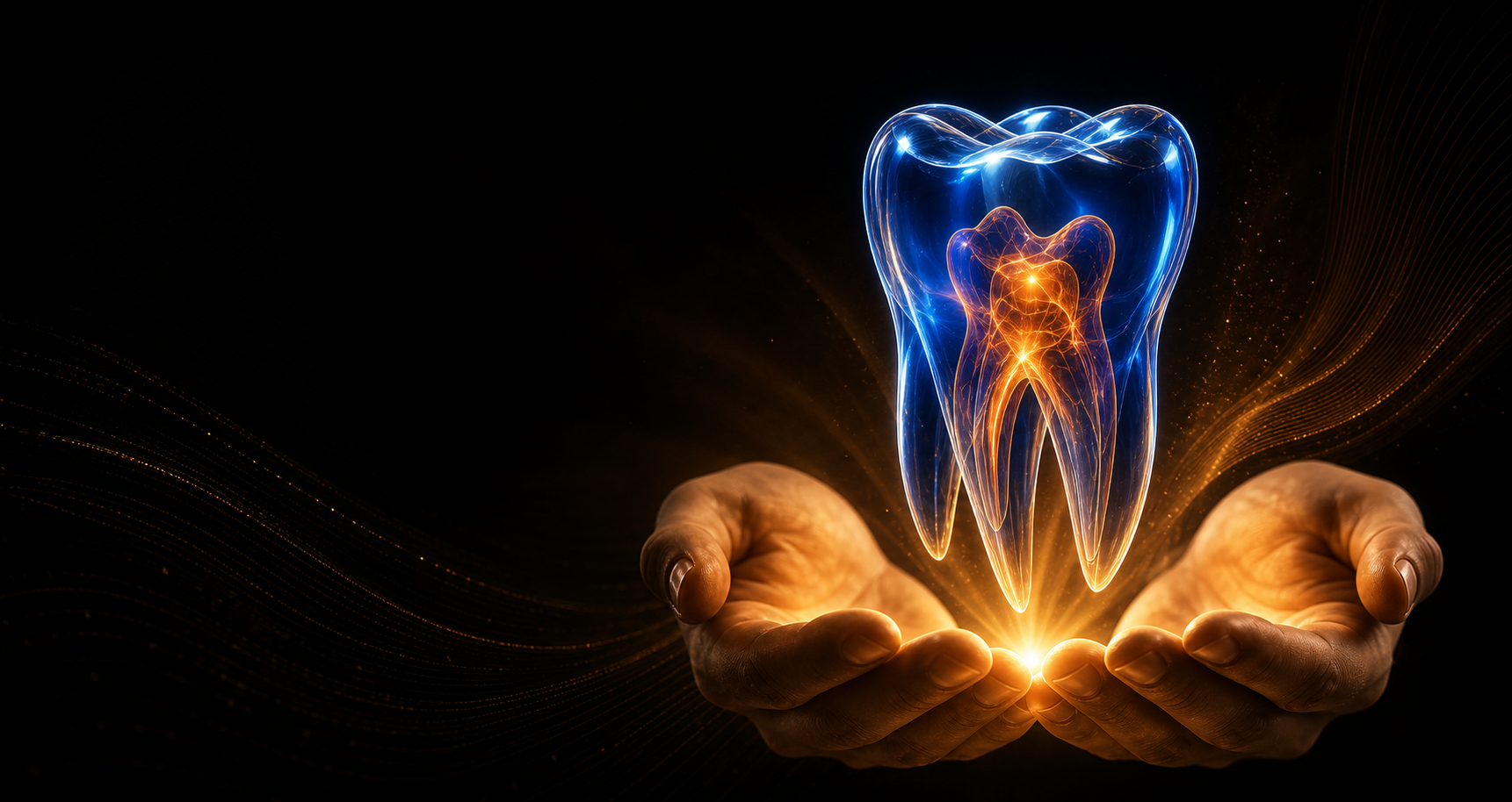 Dente translúcido azul iluminado em dourado, representando odontologia digital de alta precisão